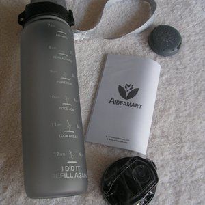Aideamart 32 oz Motivational BPA-free sports water bottle, gray NIB